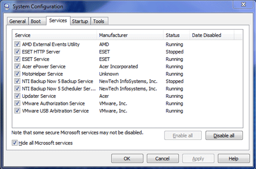 Windows 7 MSCONFIG Services Tab